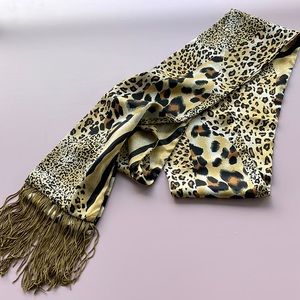 Satin Cheetah print fringed scarf